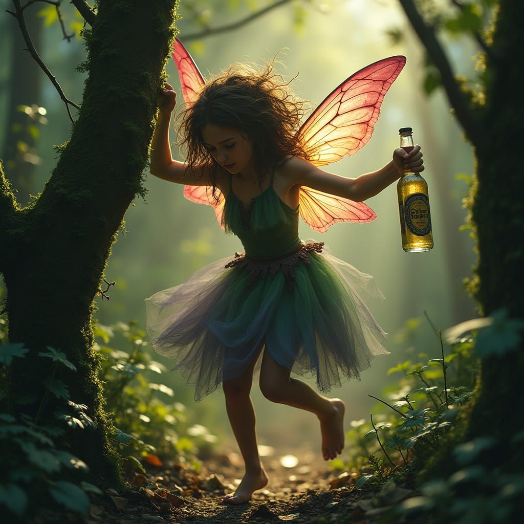 Drunk Fairy Stumbles Through Sunlit Forest