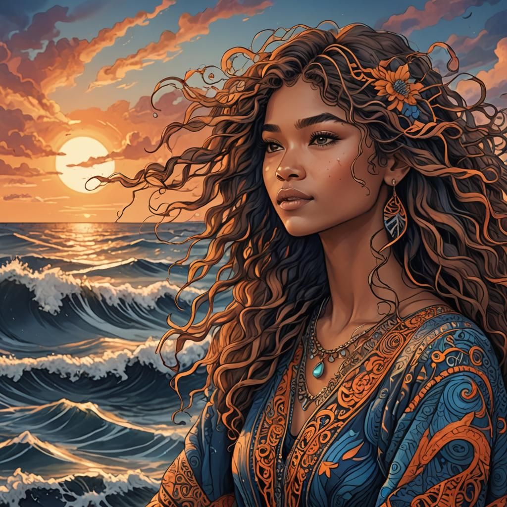 Zendaya Sings at Seaside Sunset: Zentangle Fantasy Art