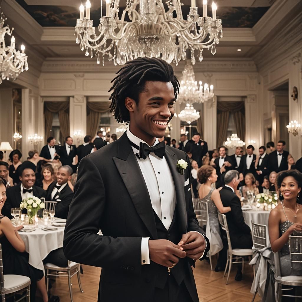 Elegant Man in Tuxedo at Lavish Ballroom Party