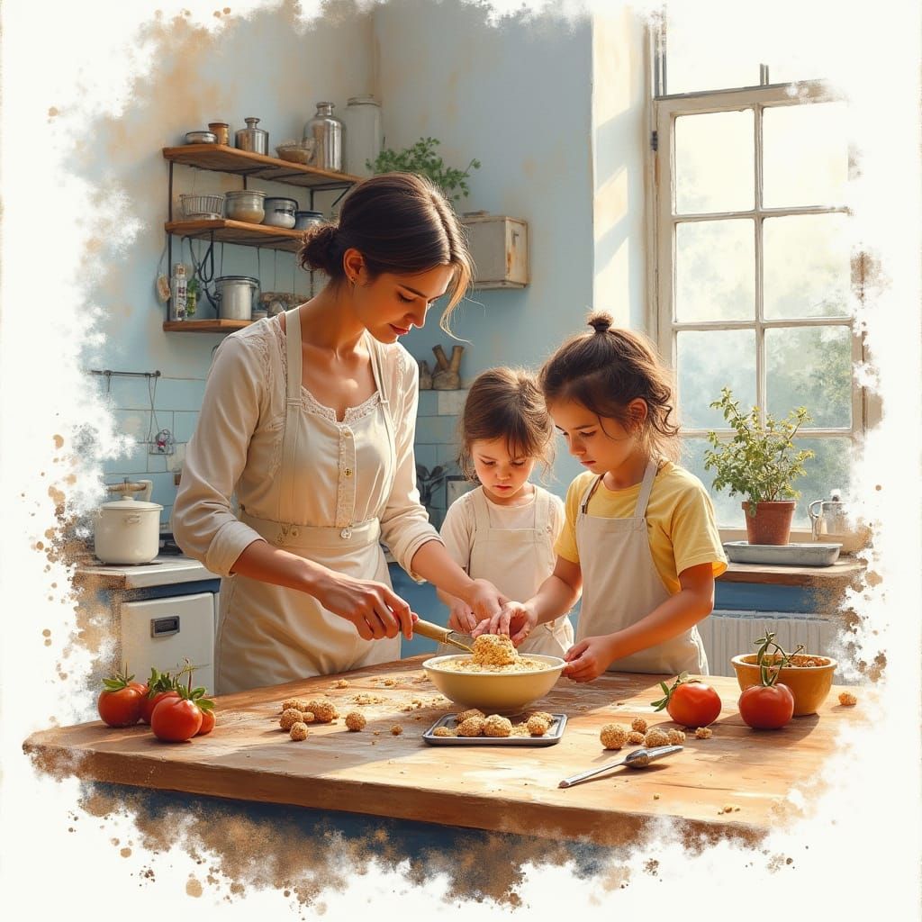 Mother and Daughters Baking in a Farmhouse Kitchen, in Water...