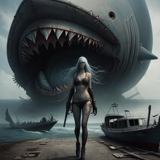 Shark Attack on Deck in Post-Apocalyptic Style