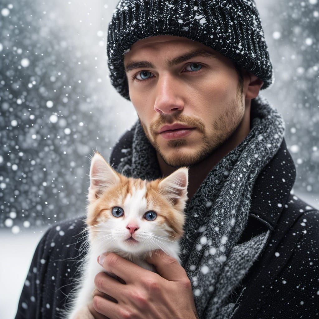 Portrait of Young Man Holding Kitten in Snow