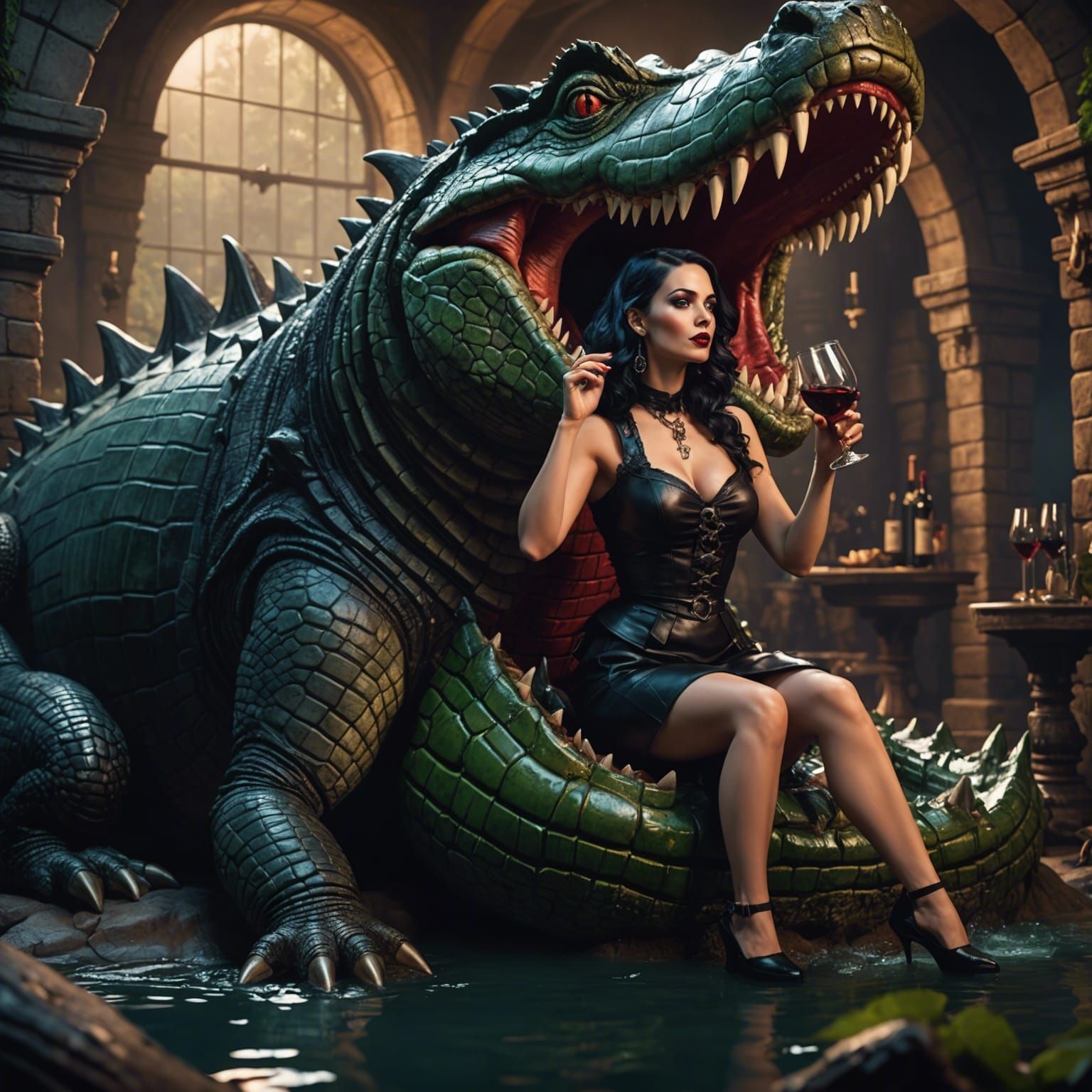 goth pinup girl drinking wine inside a giant crocodile mouth