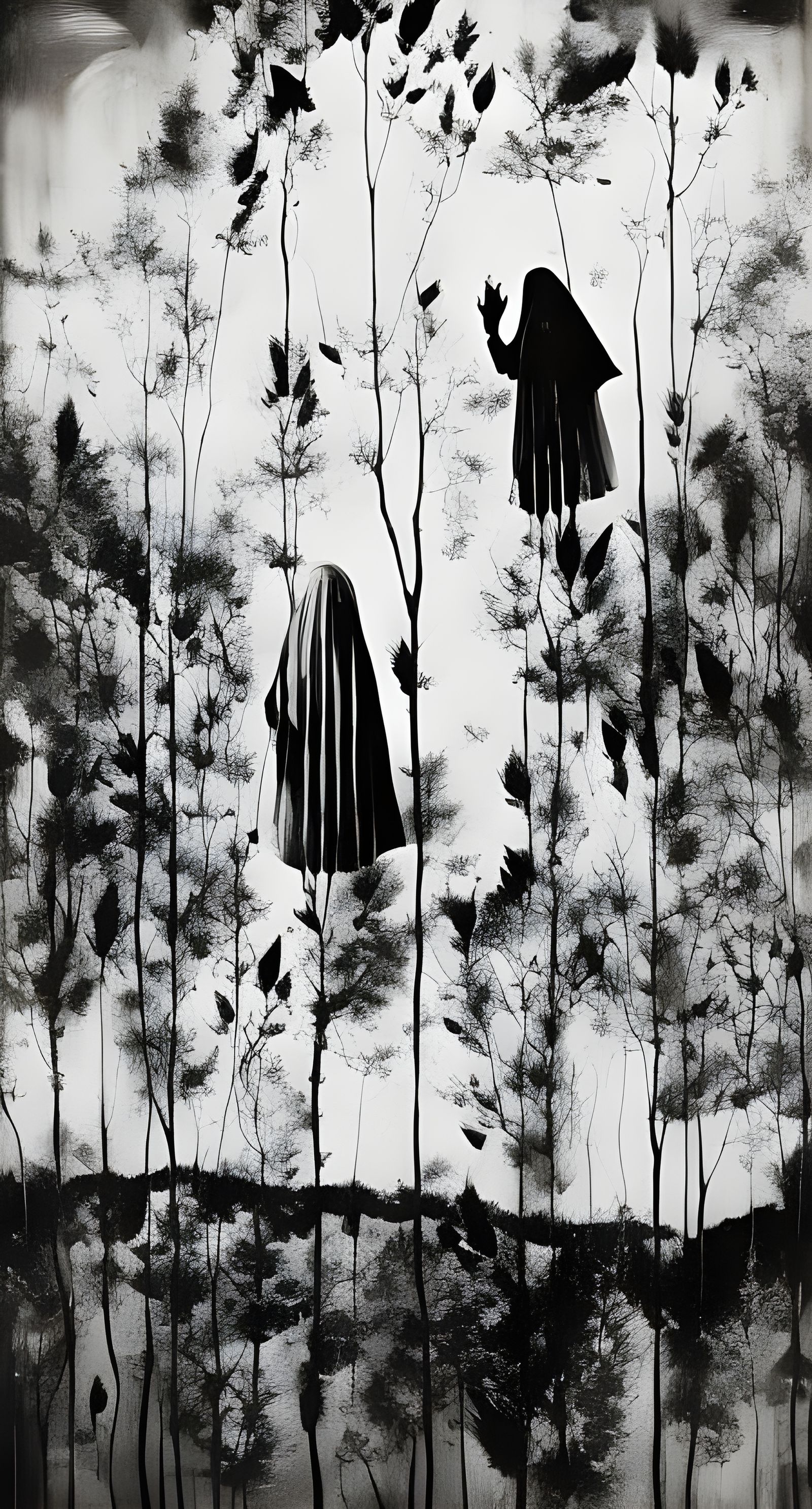 Sad White Ghosts with Flowers: Sinister Fine Art