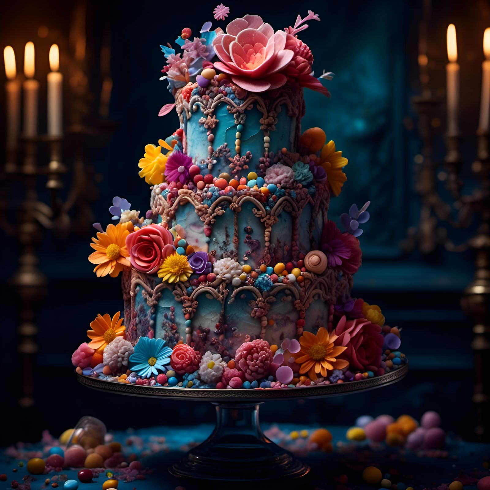 Hyperrealistic Candy and Flower Cake in HDR