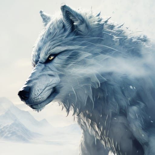 Wolf and Mountain Range Double Exposure, Neo-Impressionist