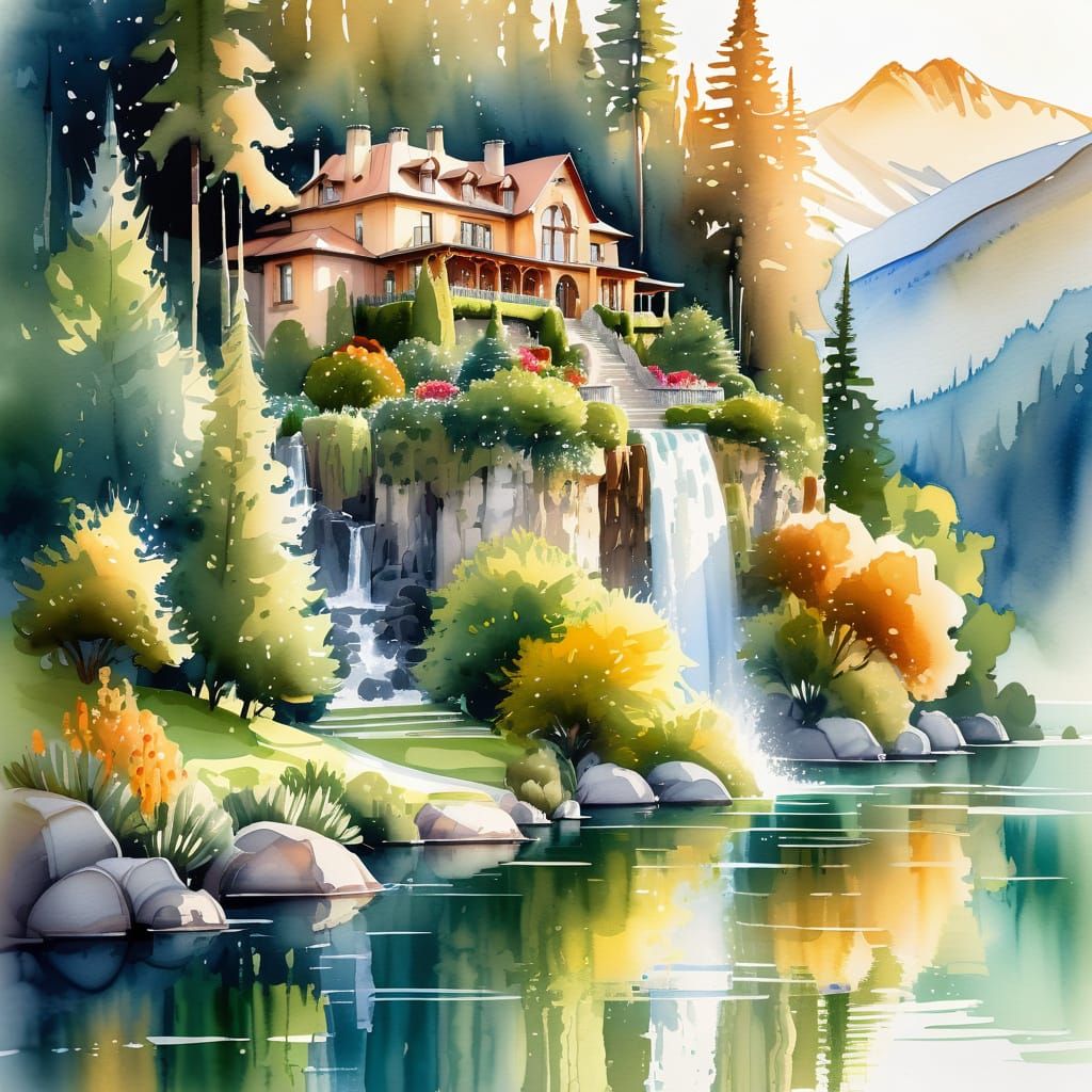 Ethereal Mountain Waterfall Mansion in Vibrant Watercolor