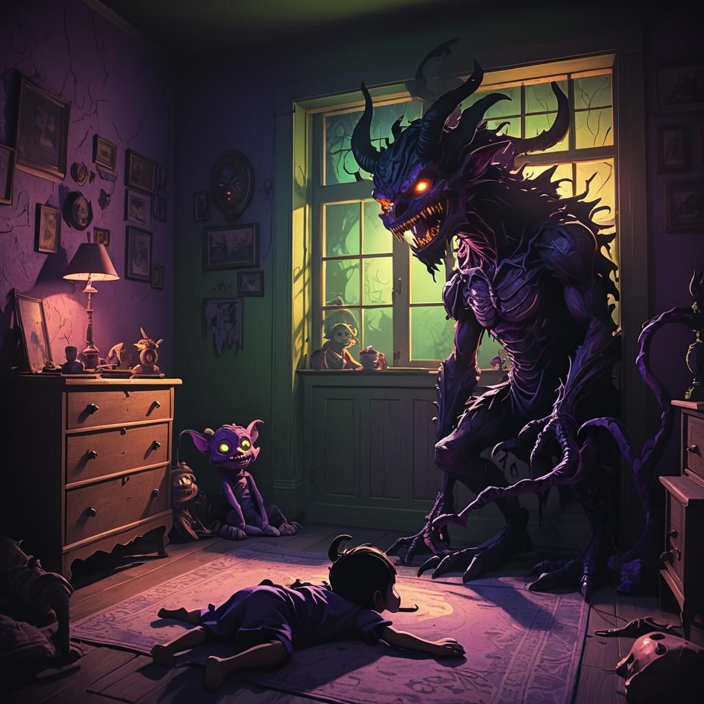 Grotesque Shadow Demons in Child's Room
