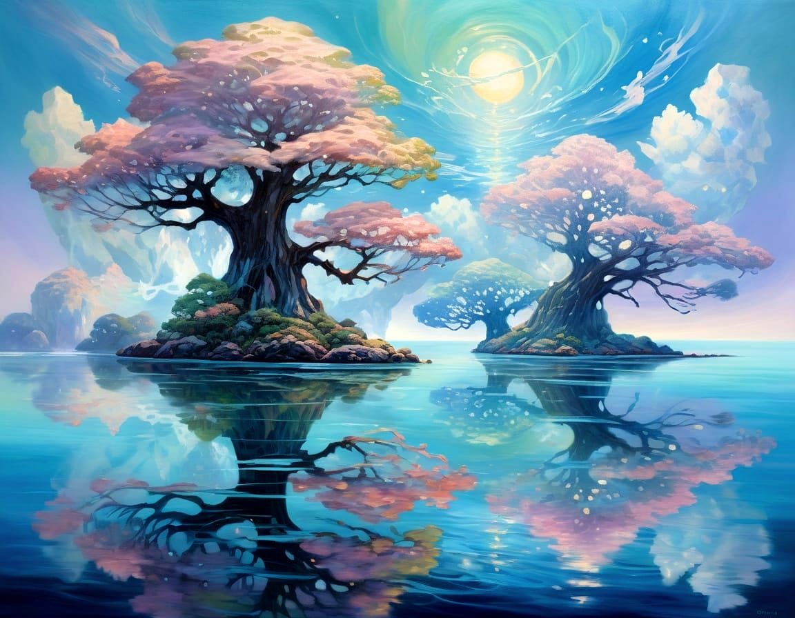 Ethereal Landscape with Crystalline Trees, Soft Oil Painting