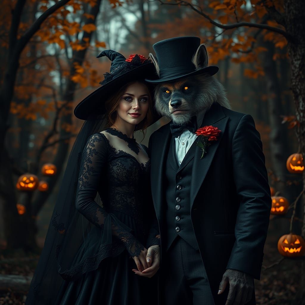 Halloween Wedding: Witch and Werewolf Portrait