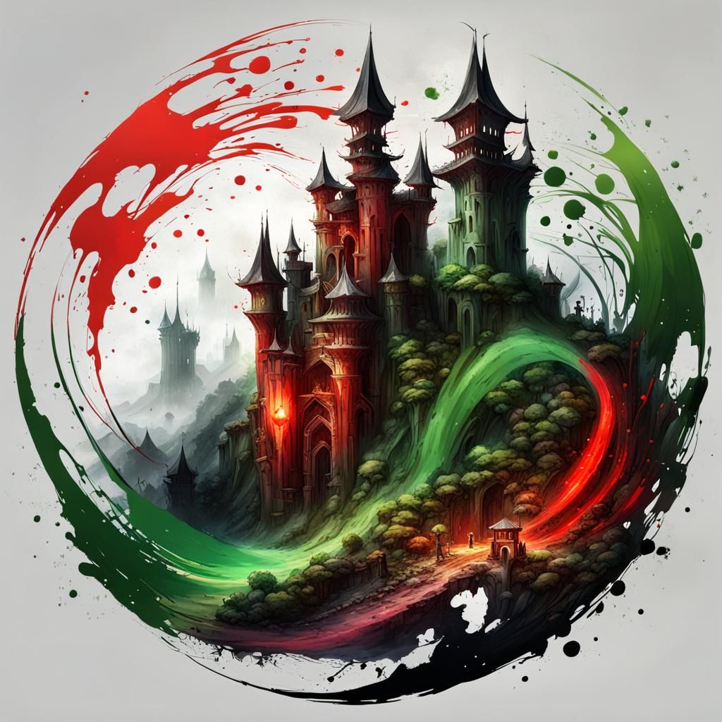 Druid Fortress Ruins in Watercolor Splatter Art