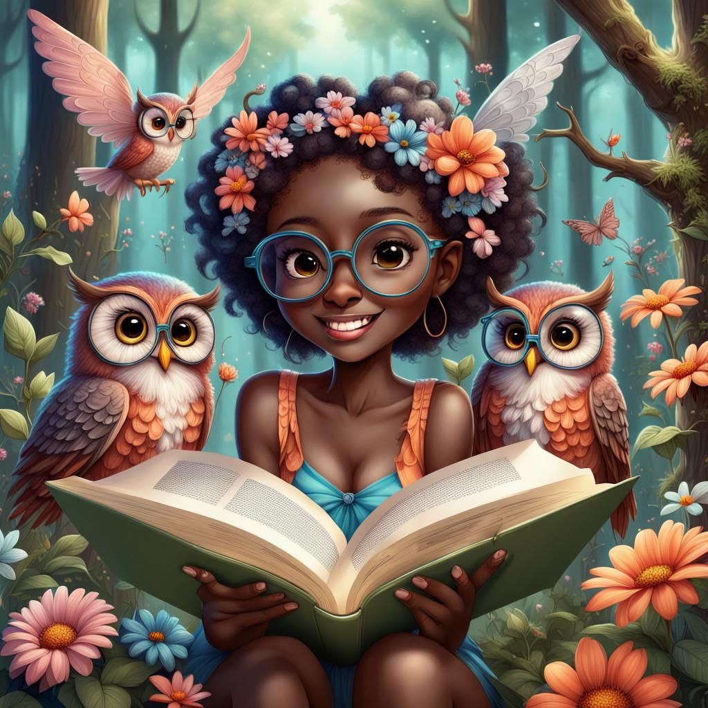 Enchanted Forest Scene with Fairies and Owls