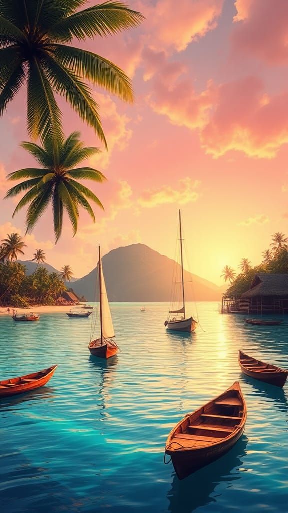 South Pacific Village Sunrise in Impressionist Style