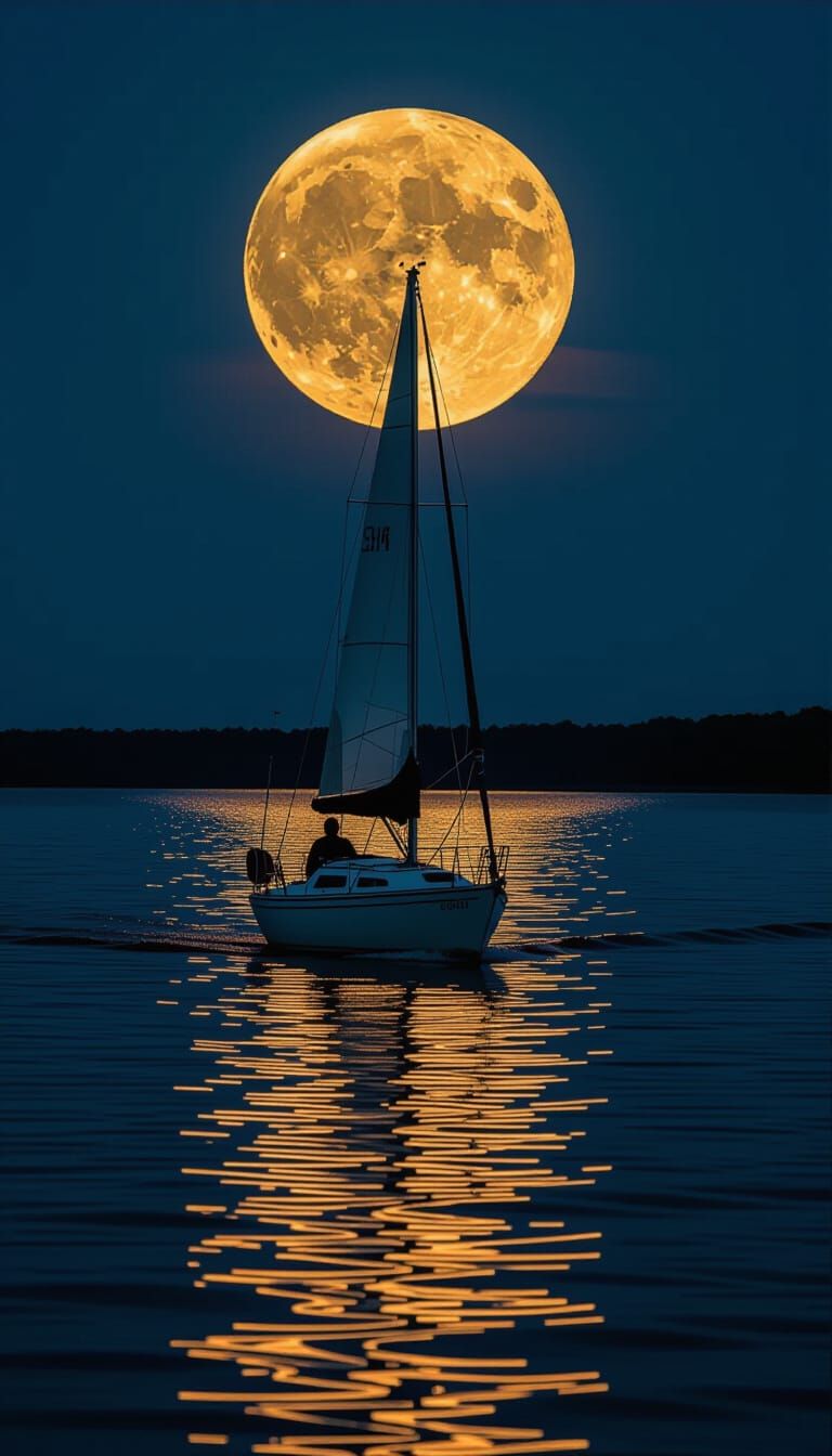 Sailboat Under Golden Harvest Moon on Patuxent River