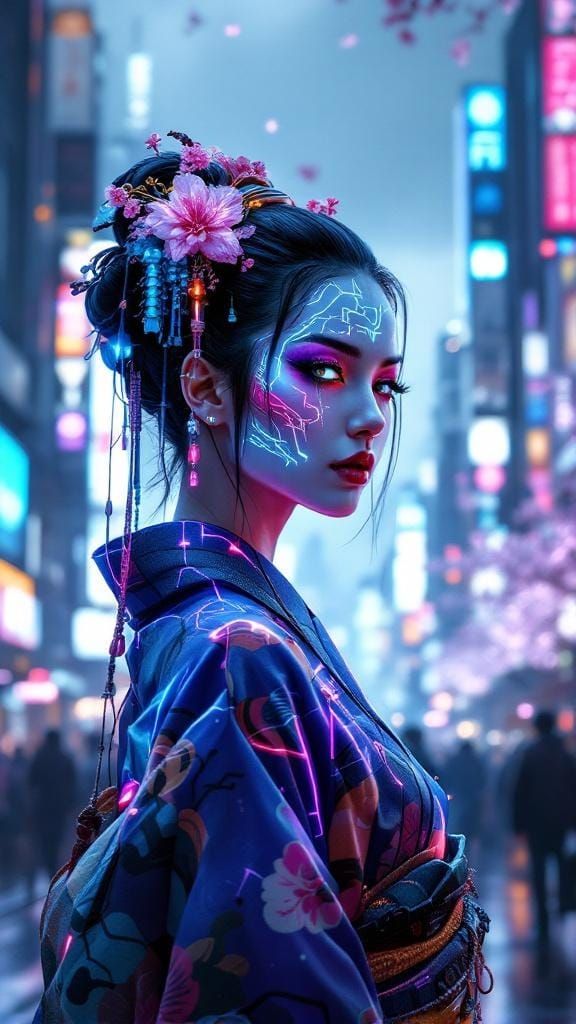 A captivating portrait of a cyberpunk geisha, her face adorn...