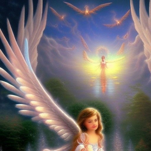 Ethereal Angel Spreads Wings in Misty Sky