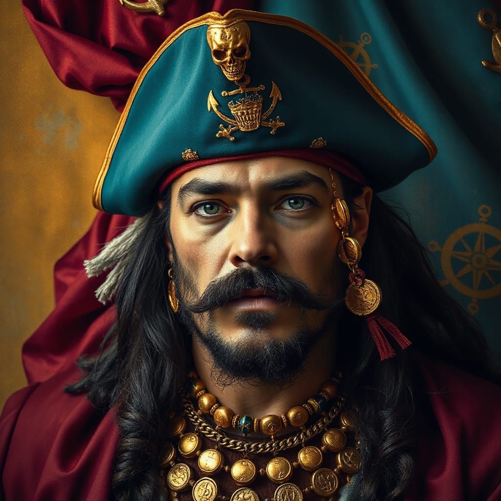 Dramatic Pirate Captain Portrait in Rich Textures and Golden...