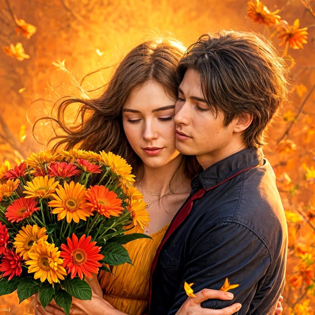 Passionate Couple Amidst Fiery Flowers