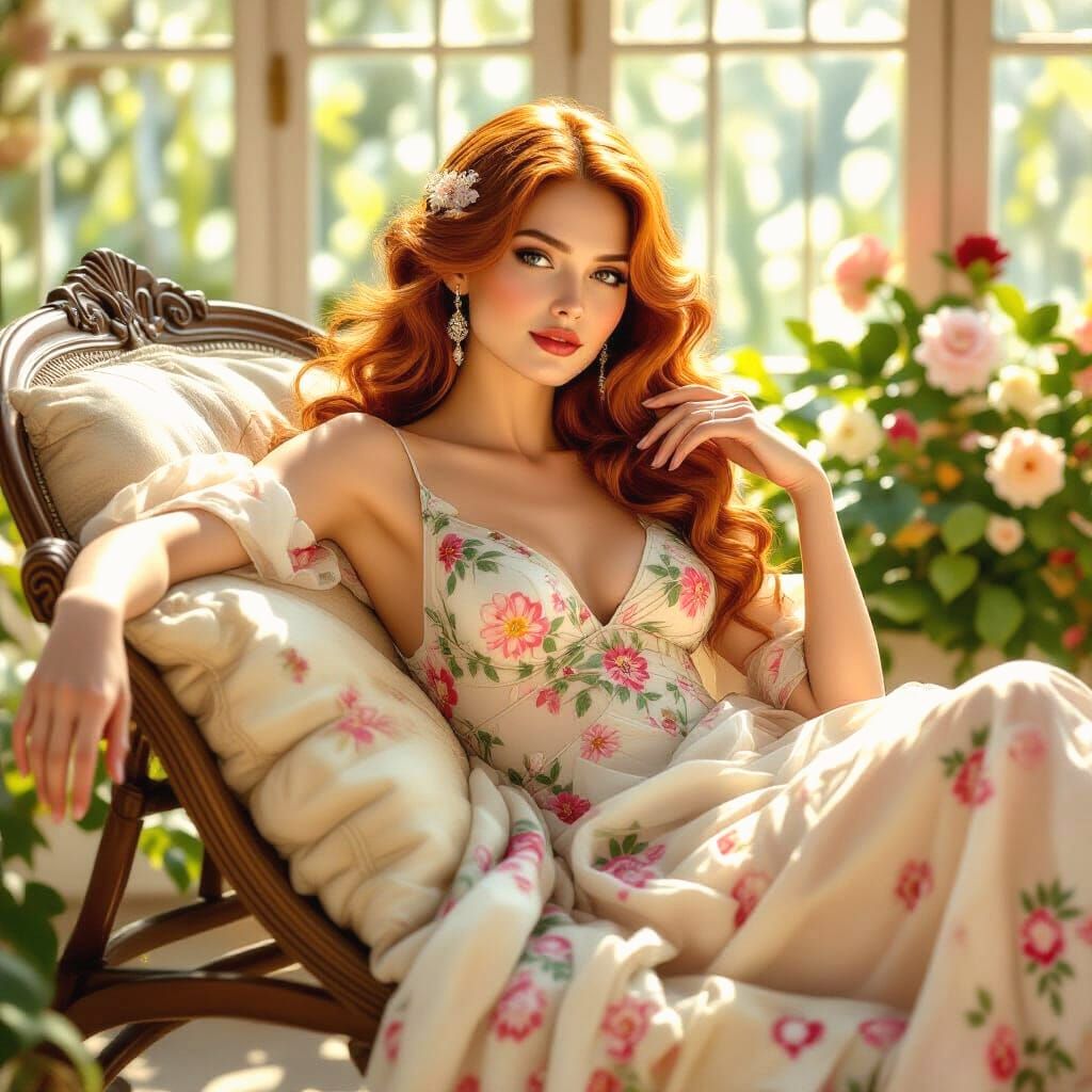 Elegant Art Nouveau Woman in Sunlit Conservatory