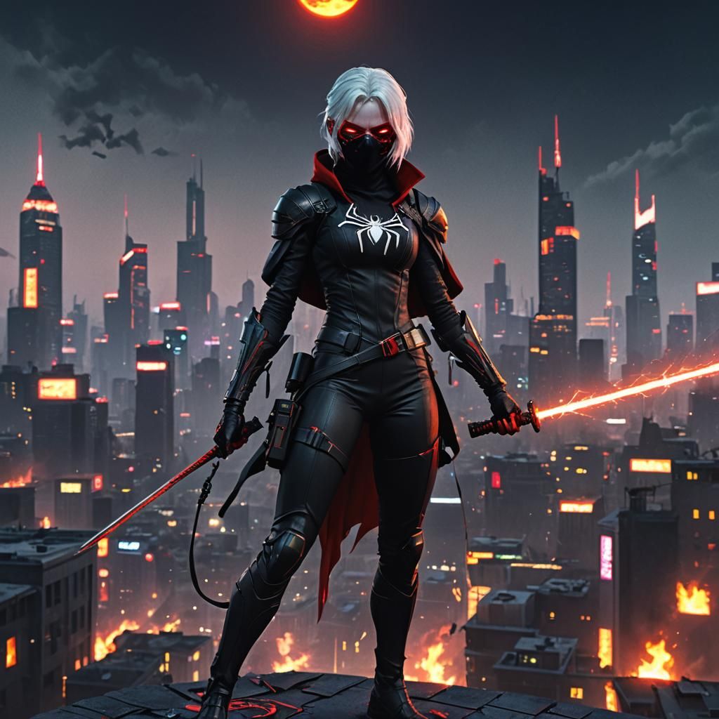 Vampire Girl as Cyberpunk Superhero on Rooftop