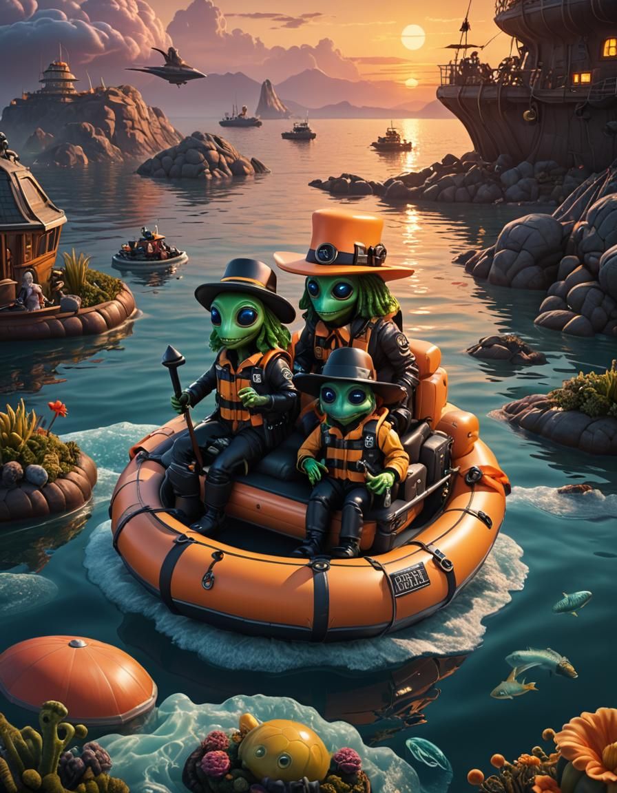 Aliens in Lifeboat at Sunset: Hyperrealistic Digital Art