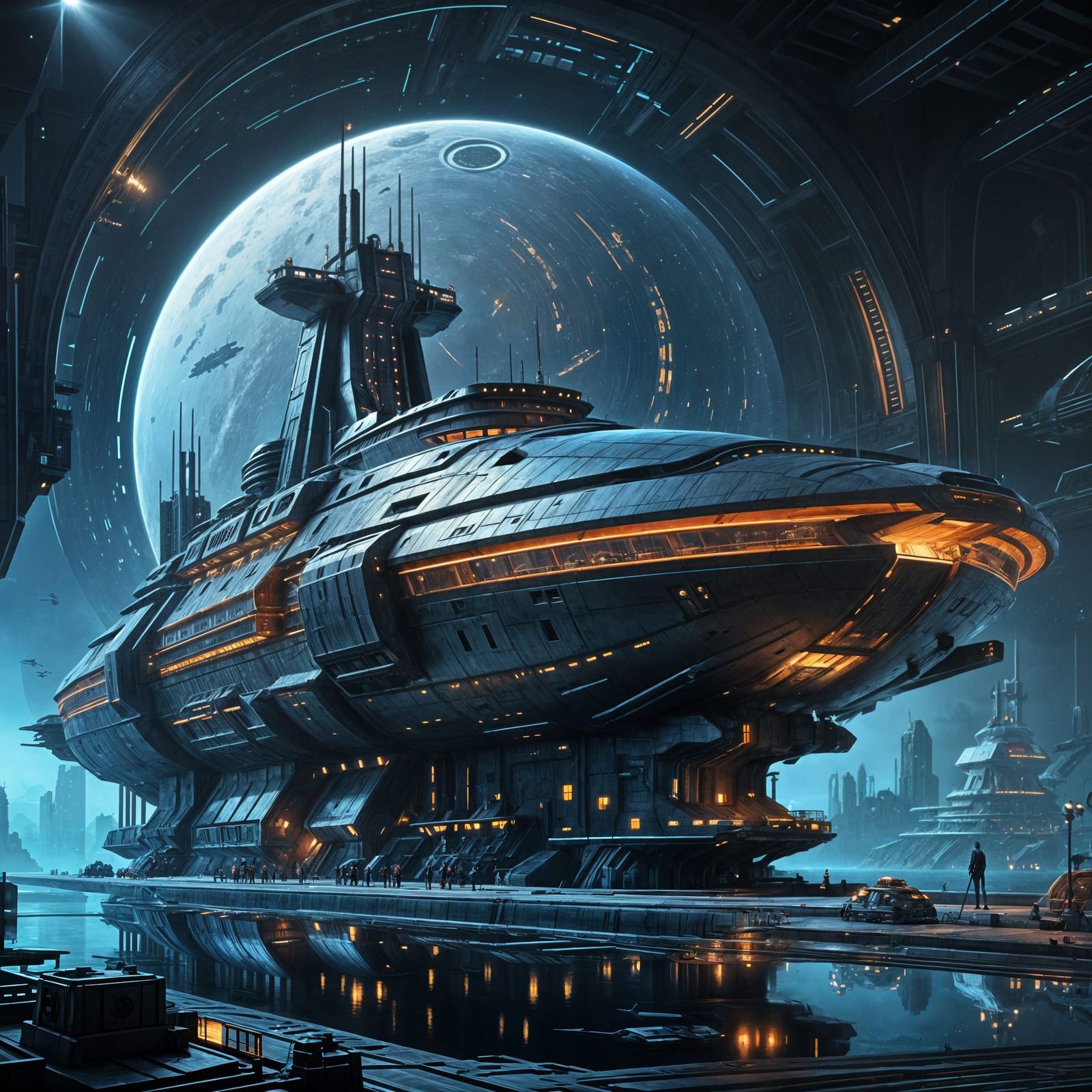 Futuristic Starships in Art Deco Shipyard