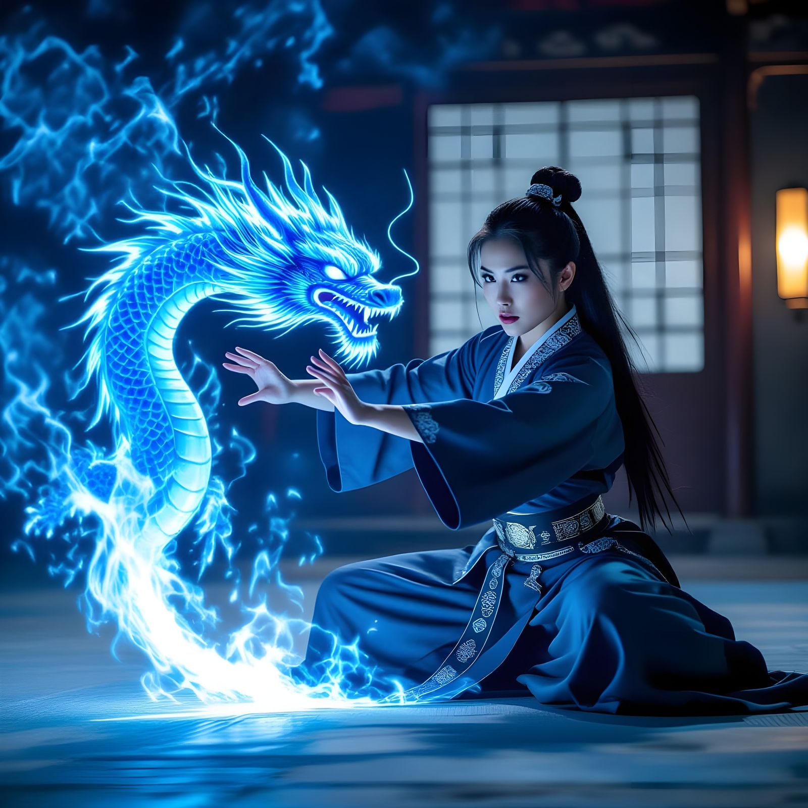Martial Artist Conjures Blue Energy Dragon