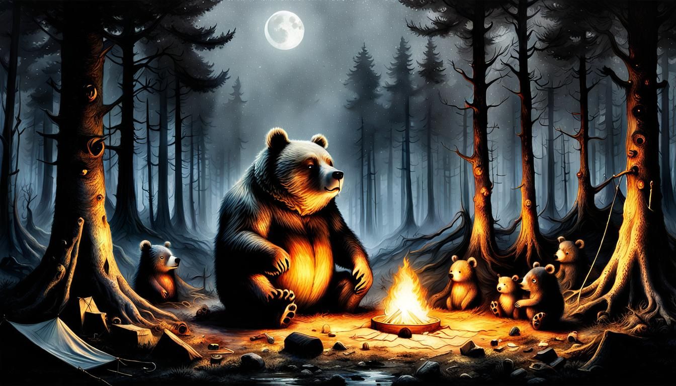 Robotic Bear Camps: Hyperrealistic Volcanic Nightscape