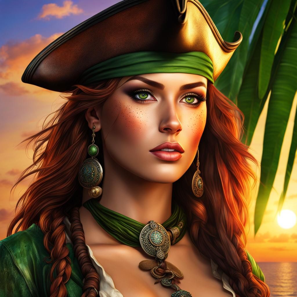 Realistic Portrait of a Female Pirate on Tropical Island