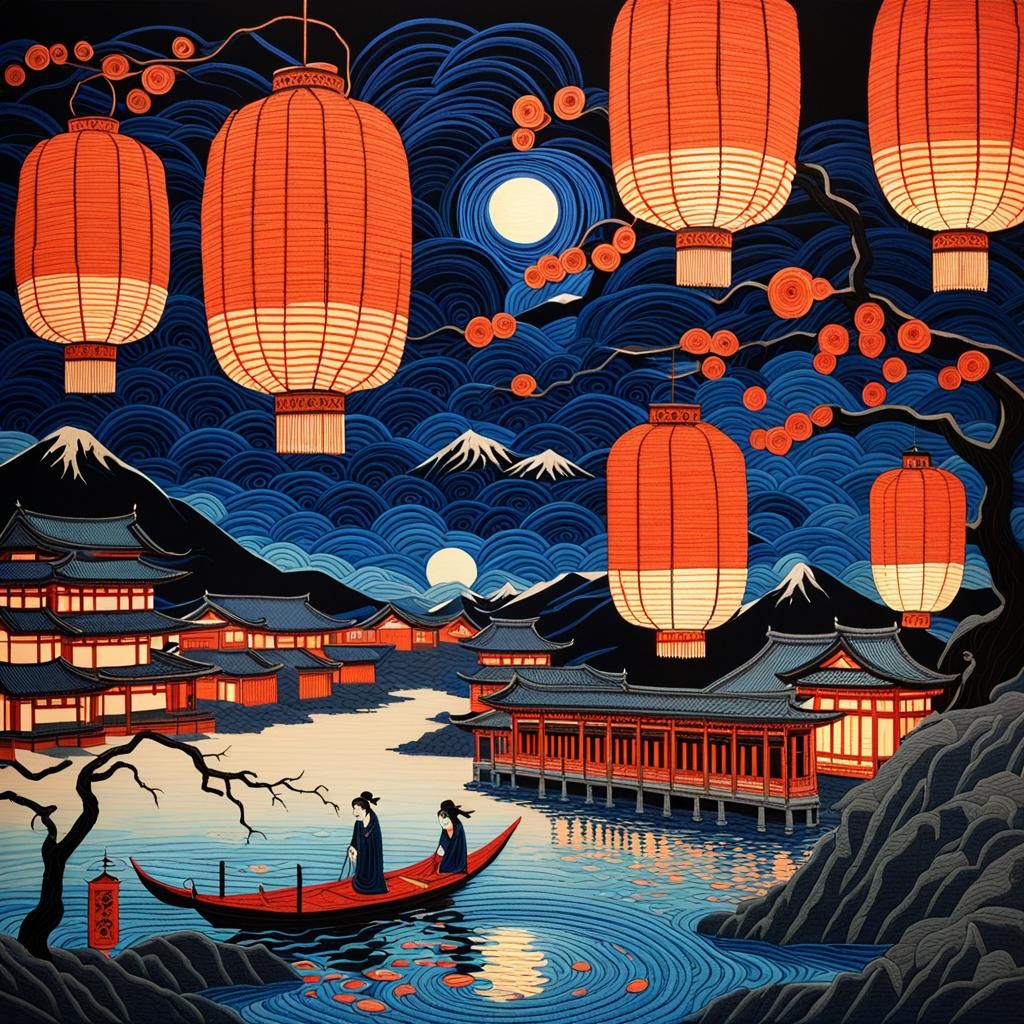 Luminescent Vampire with Lanterns in Ukiyo-e Style