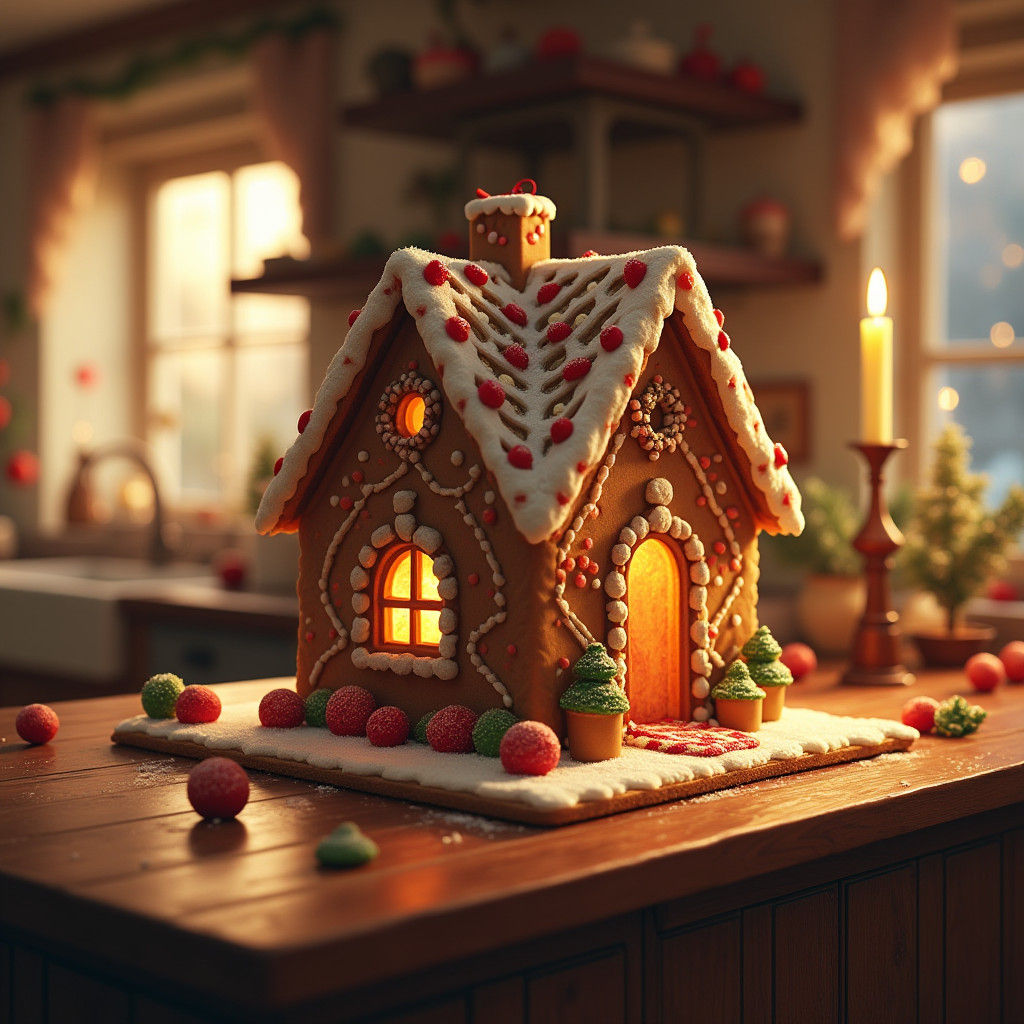 Cozy Gingerbread House in Warmly Lit Kitchen