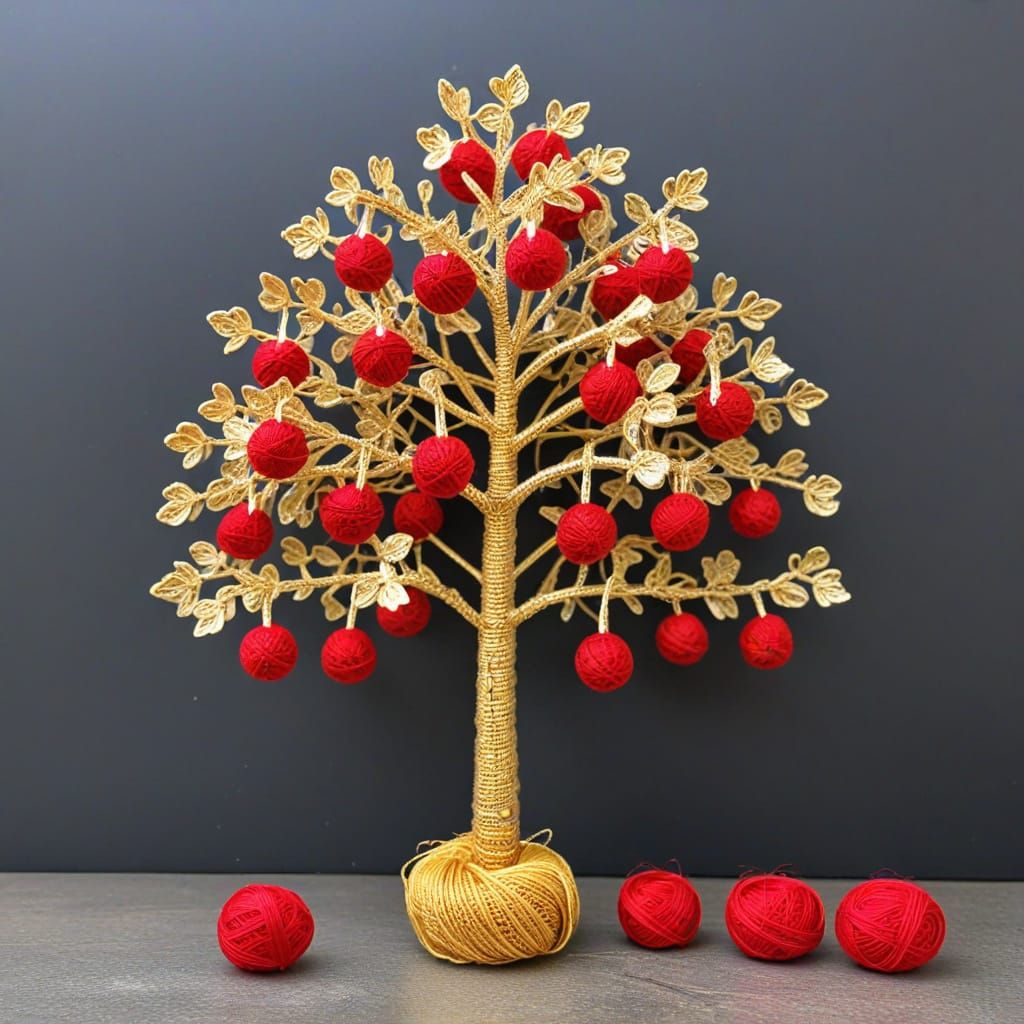 Crochet Yarn Tree in Gold and Red