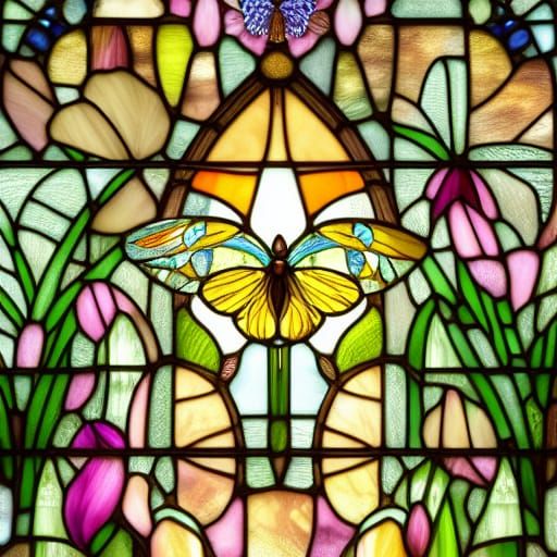 Stained Glass Window: Fantasy Scene with Butterflies