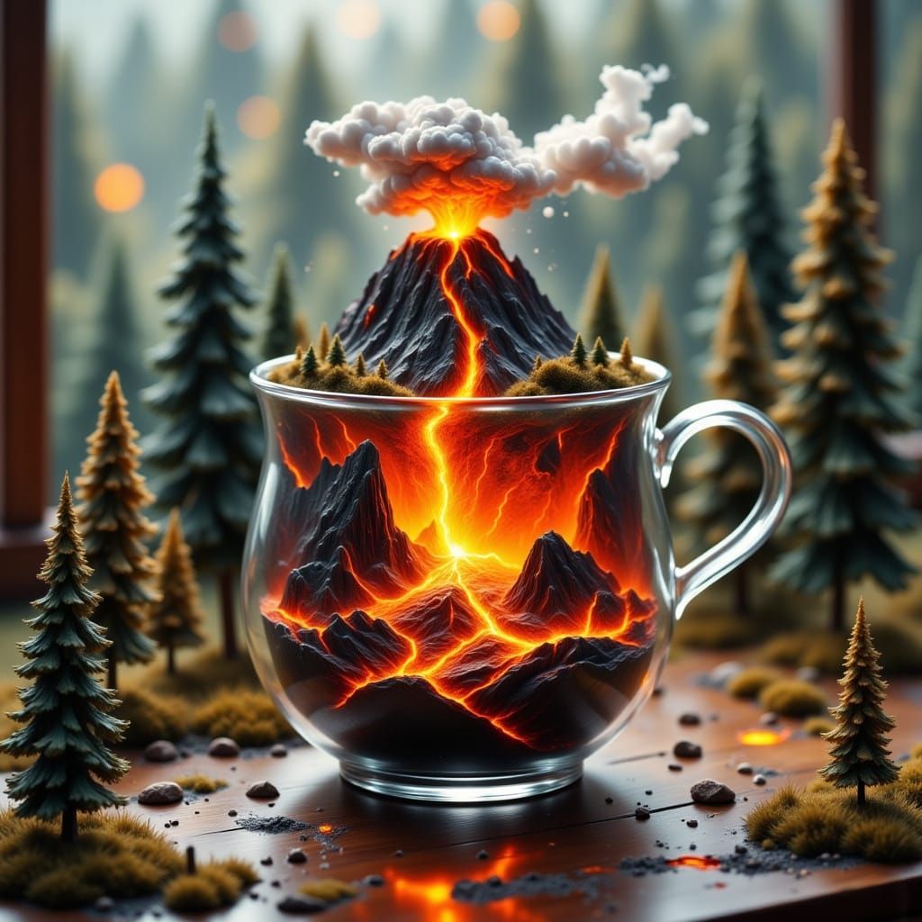 Surreal Landscape of Volcano in Glass Cup