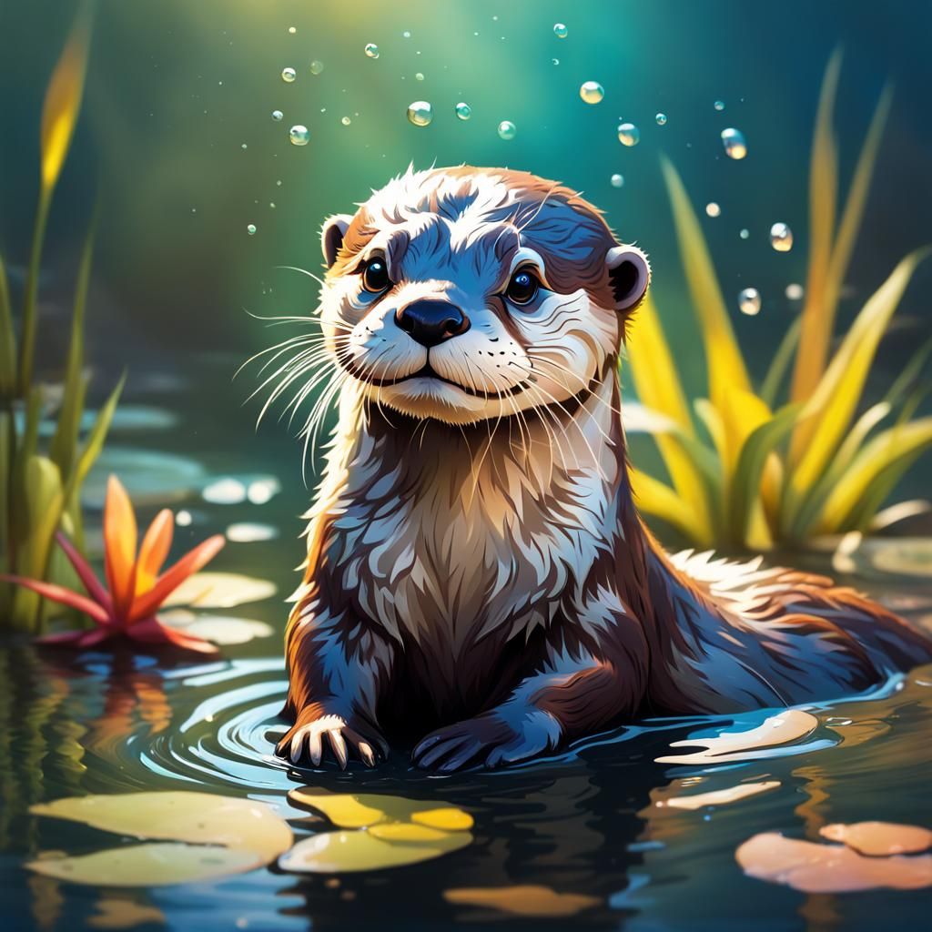 Hyperrealistic Baby Otter in Pond Splash Art