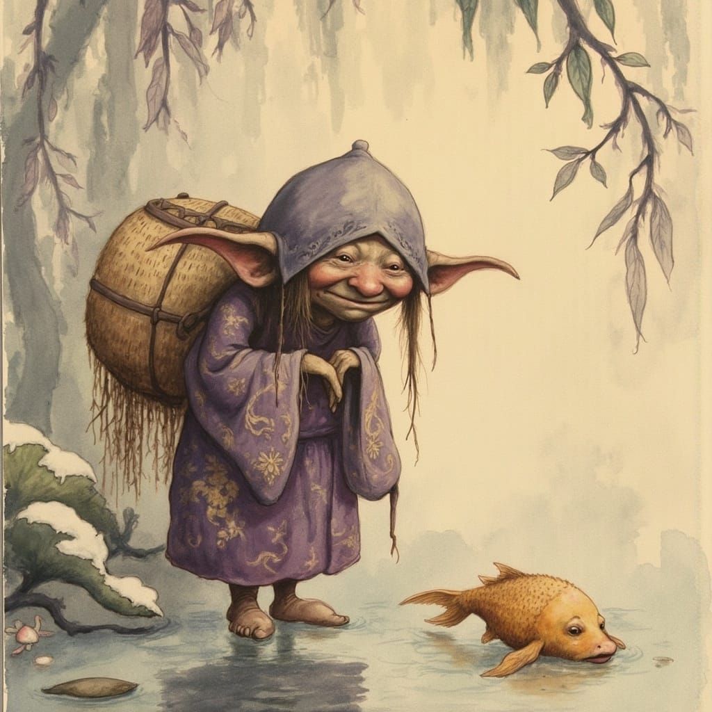 Whimsical Gremlin Contemplates Snowy Serenity in Traditional...