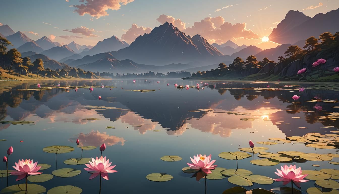 Lakeside Sunset in 3D Anime Art Style