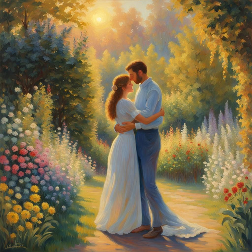 Romantic Garden Embrace in Impressionist Oil Painting
