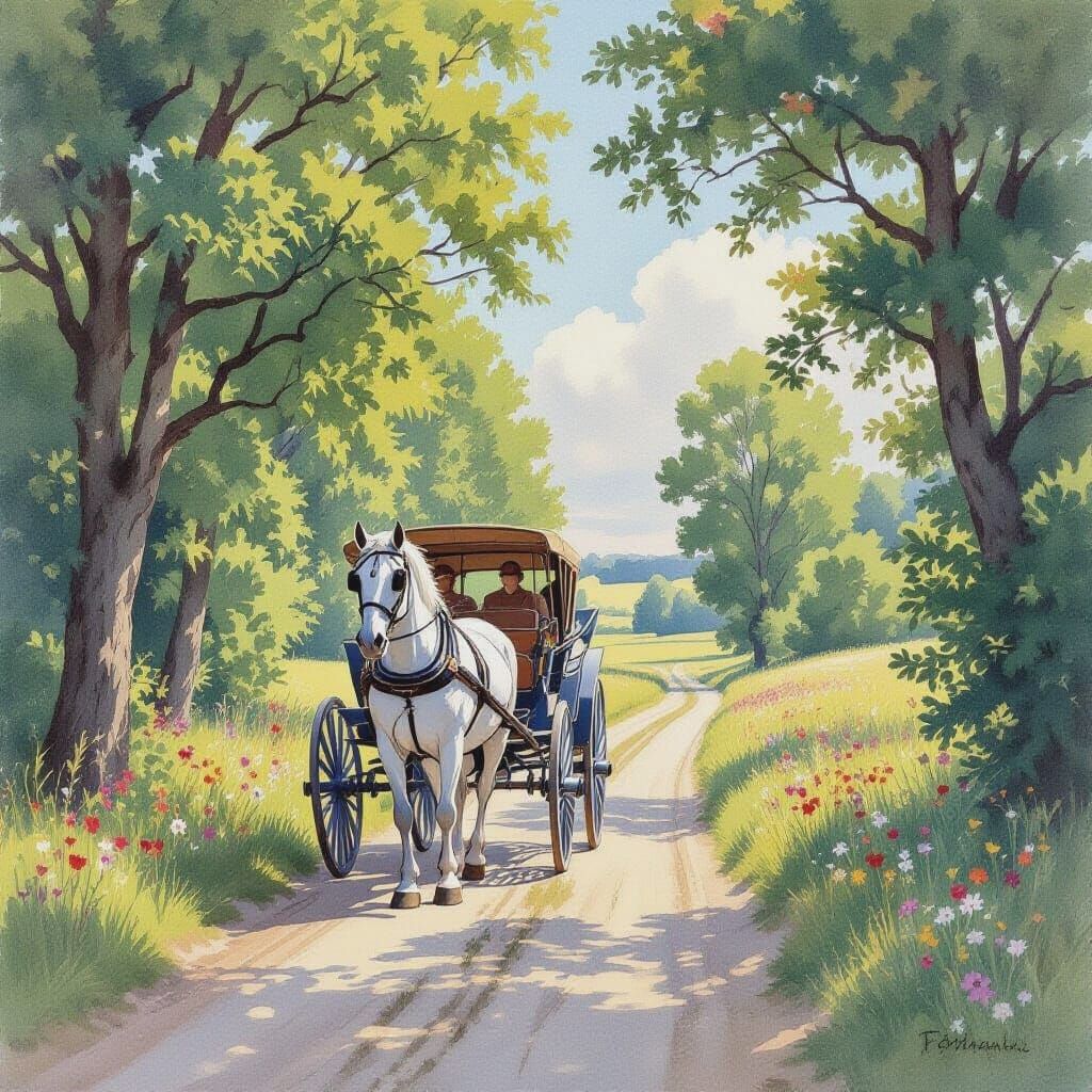 Watercolor Horse Carriage in Lush Forest