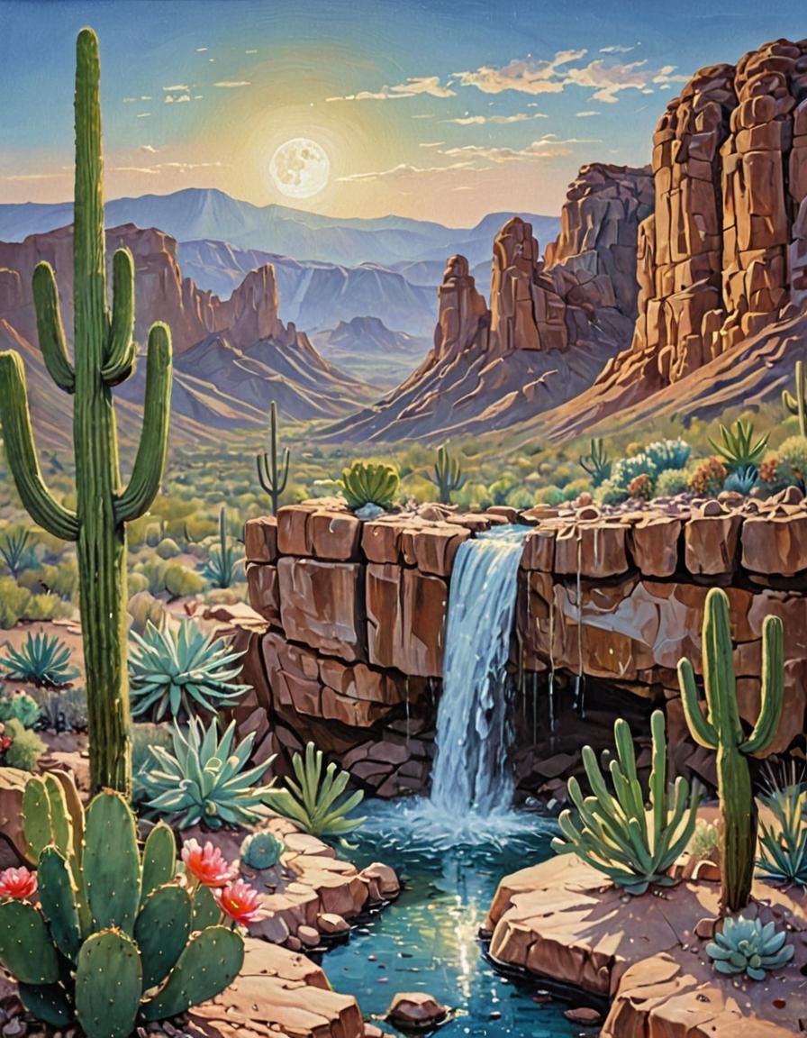 Desert Spring Waterfall Oil Painting at Moonrise