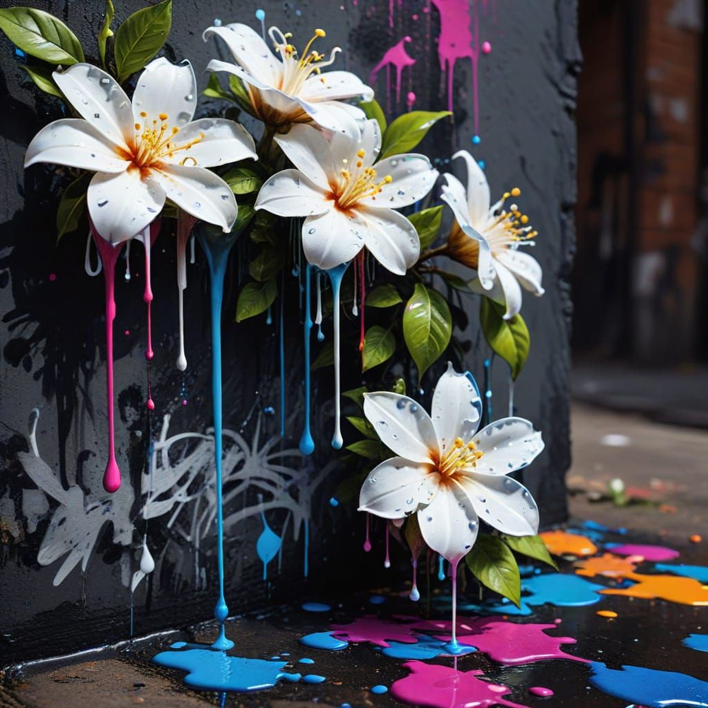Vibrant Graffiti Scene of Dripping Ink and Jasmine Flowers
