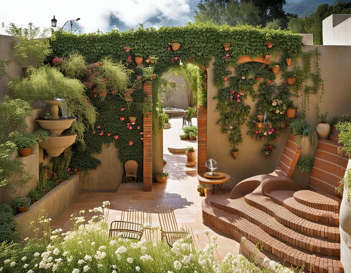 Calm Outdoor Space with Brick and Natural Plants