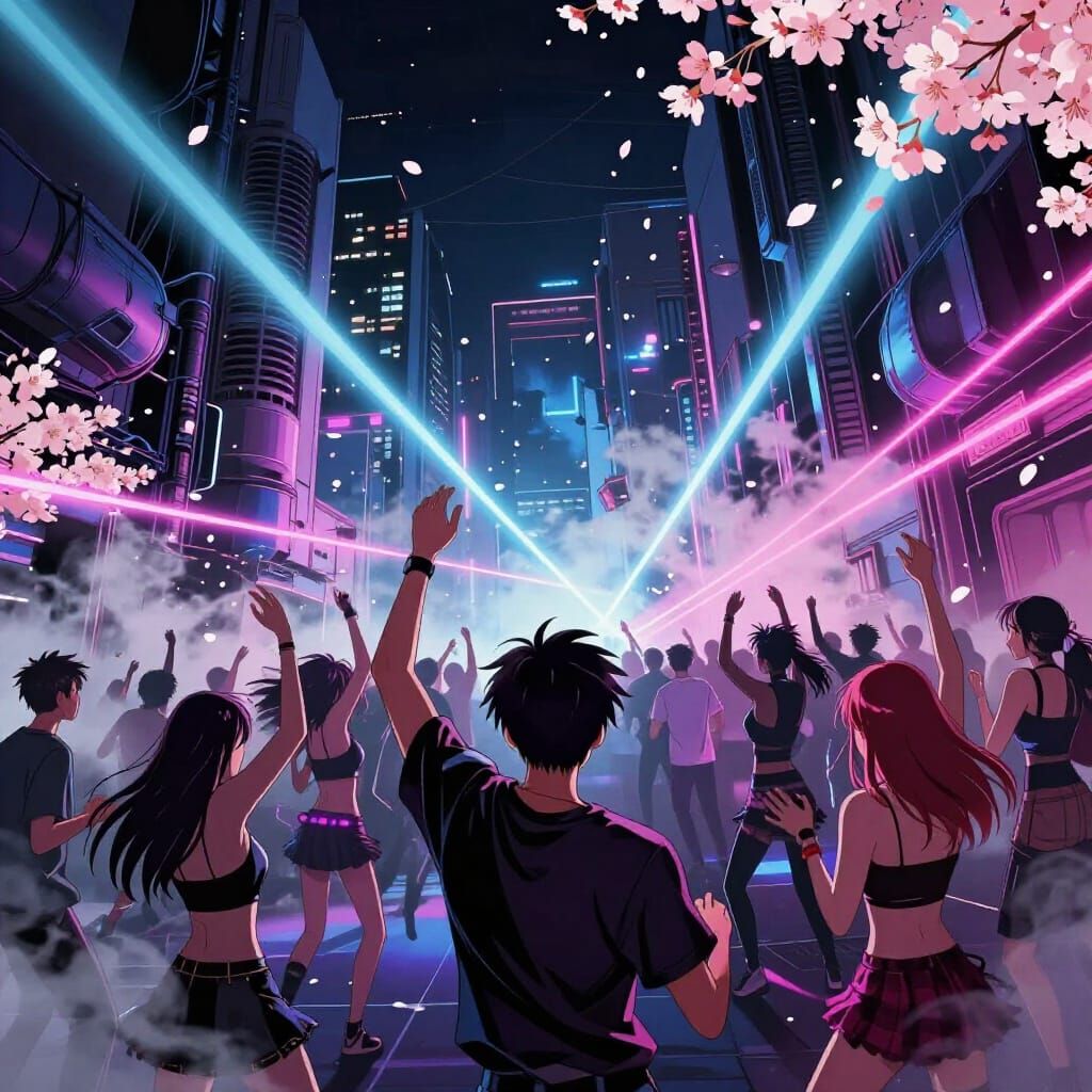 Underground Rave with Cherry Blossoms in Anime Style