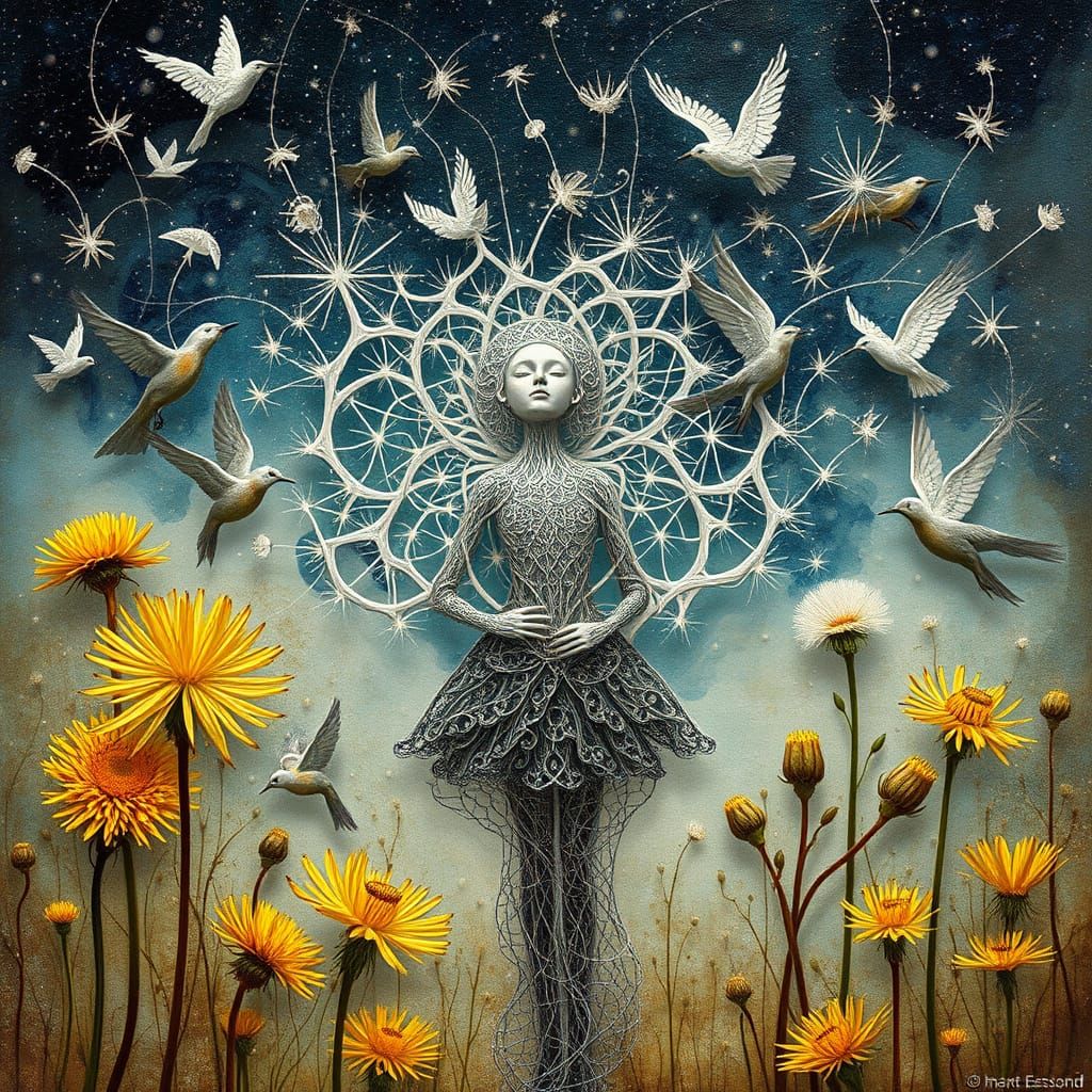 Ethereal Star Goddess Among Dandelions in Bio-Art Landscape