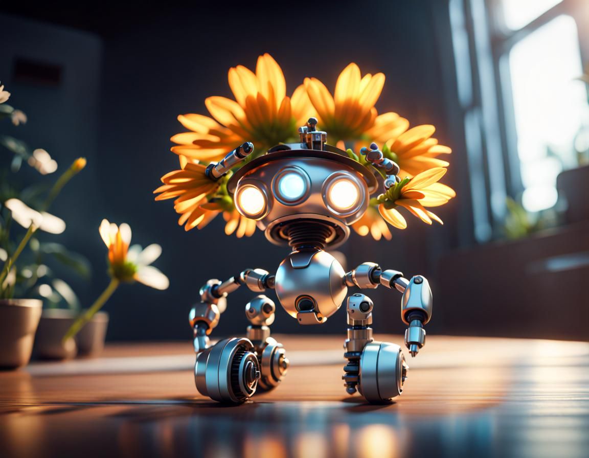 Robot Flower with Screws in 3D Cinematic Style