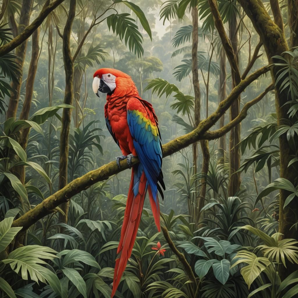 Scarlet Macaw in Rainforest: Classical Style
