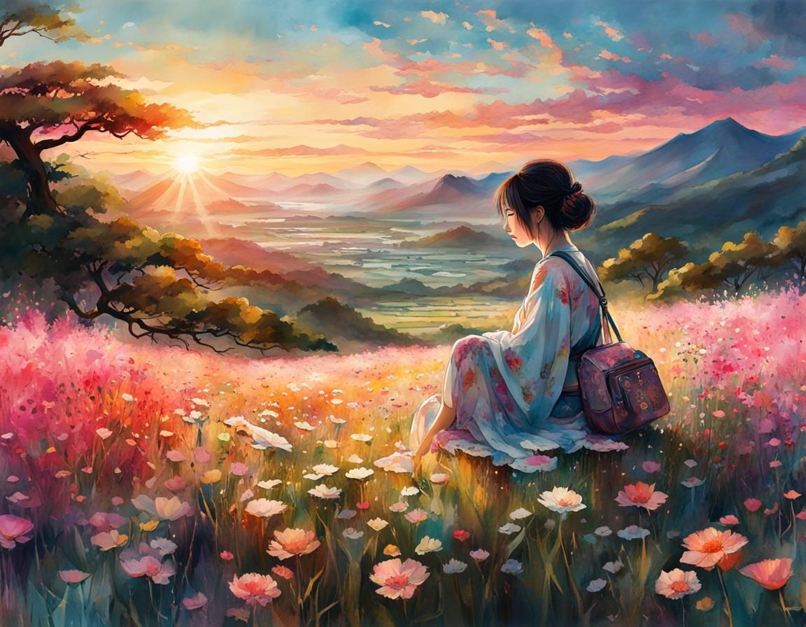 Japanese Woman in Flower Meadow: Watercolor Art