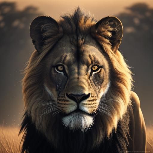 Roaring Black Lion with White Mane in Golden Light