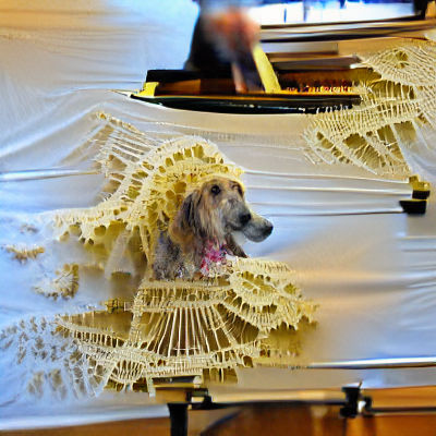 Dog Contemplates Doily on Piano
