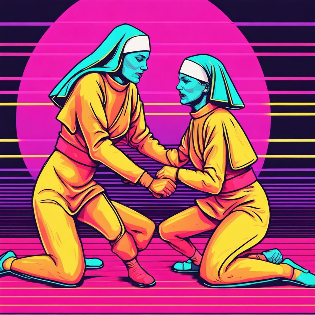 Nuns Wrestling in Synthwave Neon Retro Style